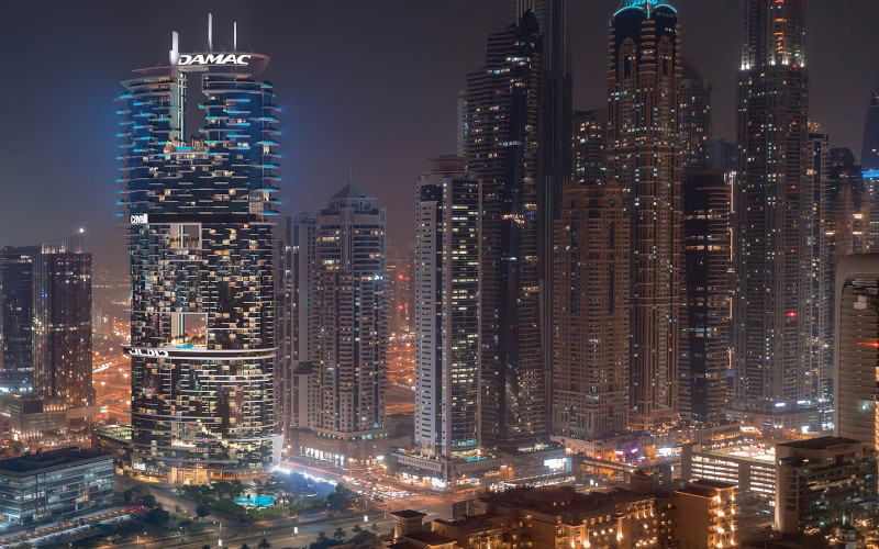 cavalli towers in dubail marina at night