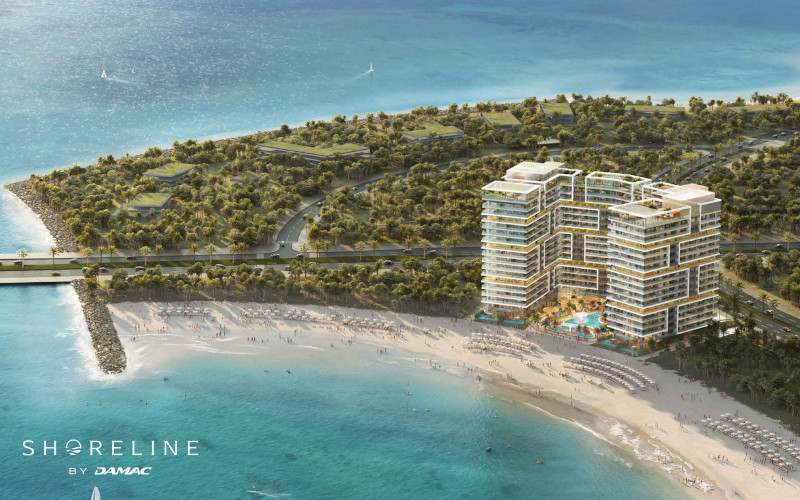 ariel view of shoreline apartments on al majaran island